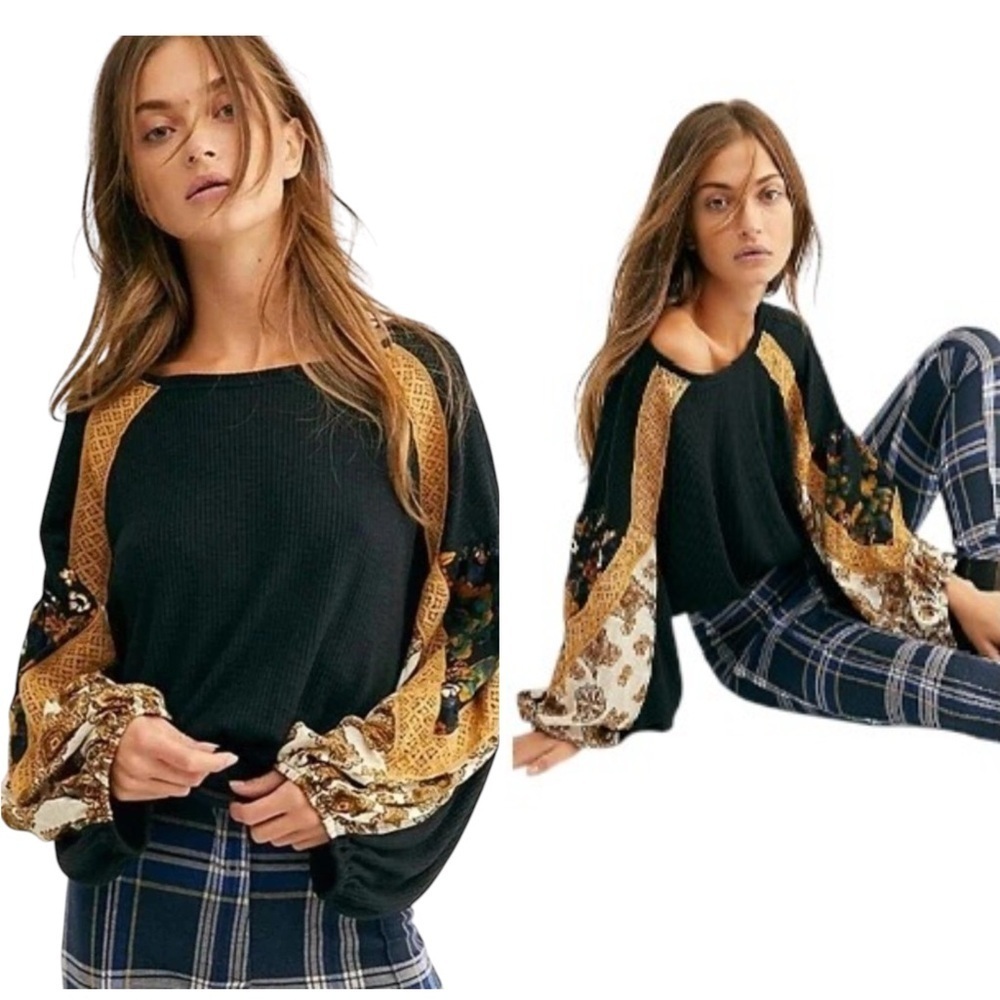 FREE PEOPLE Floral Casual Black Combo Cropped Waffle Knit Boho Oversized Top XS